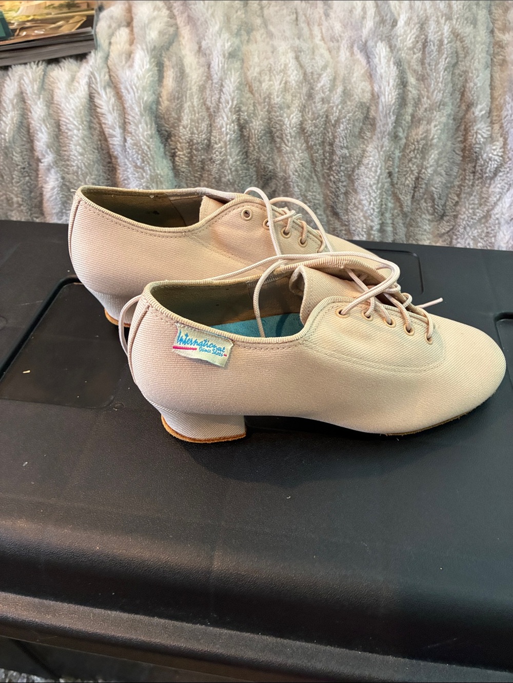International Dance Shoes Beige Canvas Lace-Up Dance Heels